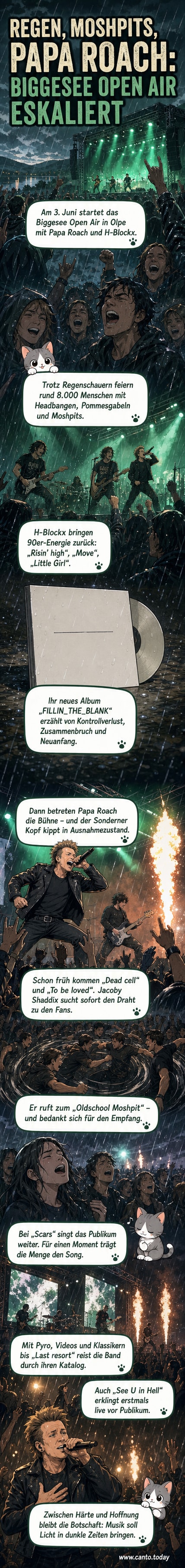 Zwei Rockbands spielen auf einer Open-Air-Bühne am See bei Dämmerung, mit Pyrotechnik und einem begeisterten Publikum im Regen.