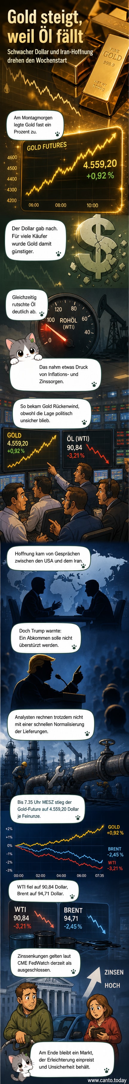 Visualisierung der Gold- und Ölpreisentwicklung am Montagmorgen mit fallendem Ölpreis und steigendem Goldpreis, begleitet von Symbolen für Dollar, Rohstoffe und geopolitische Spannungen.