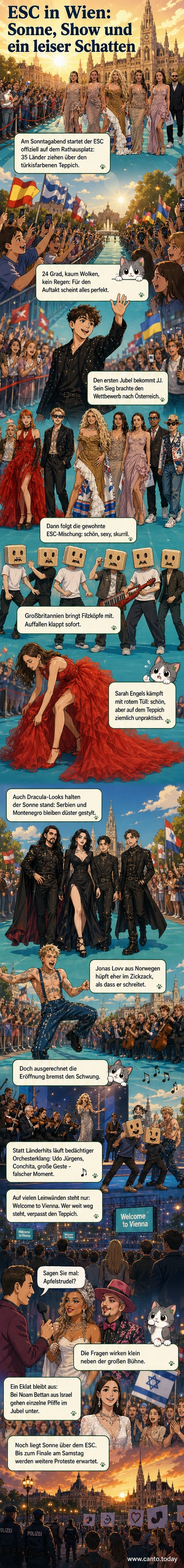 ESC-Eröffnung in Wien: Künstler in bunten, teils skurrilen Kostümen laufen über einen türkisfarbenen Teppich, darunter eine Frau mit riesiger roter Schleppe und eine Gruppe mit quadratischen Filzköpfen.