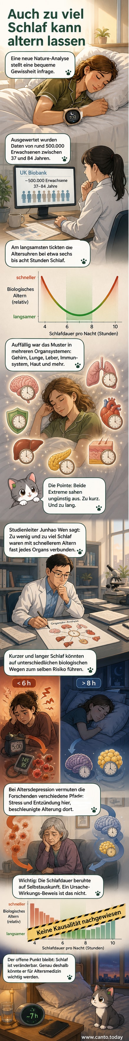 Illustration eines Menschen, der im Bett liegt, während über ihm ein Gehirn, eine Lunge und ein Herz mit beschleunigtem biologischem Altern visualisiert werden – dargestellt durch Uhrzeichen und Zellverfall.