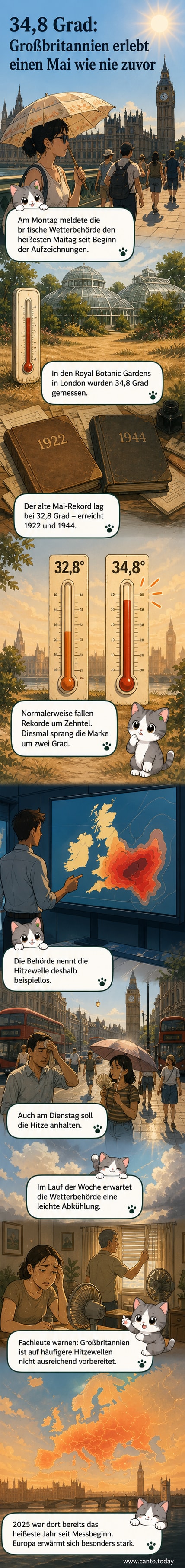 Illustration einer heißen Stadtlandschaft in Großbritannien mit Thermometer, das 34,8 °C anzeigt, während Menschen Schutz im Schatten suchen.