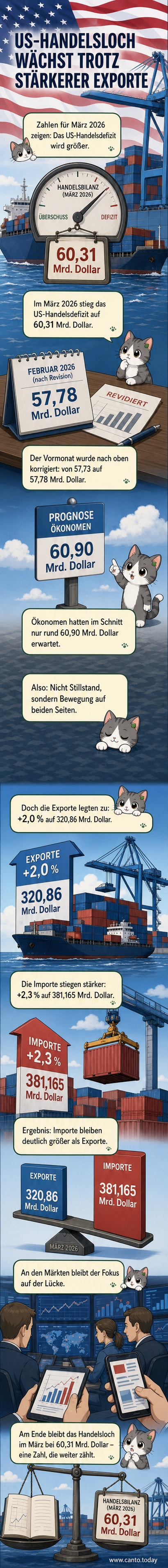 Grafik zeigt die Entwicklung des US-Handelsbilanzdefizits im März 2026 mit steigenden Importen und Exporten.