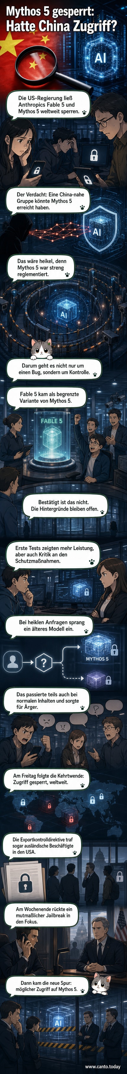 Abbildung einer abgeschlossenen KI-Schnittstelle mit chinesischer und US-Flagge im Hintergrund, symbolisierend den geopolitischen Zugriffsstreit um KI-Modelle.