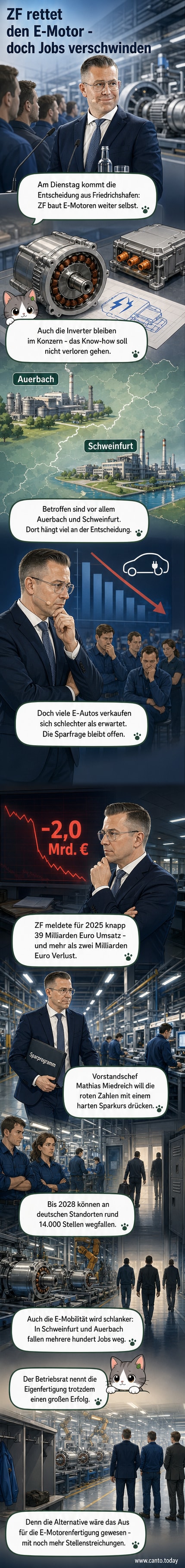 Ein ZF-Werk in Friedrichshafen mit Blick auf Produktionslinie und Mitarbeiter, Symbol für die Entscheidung zur Fortsetzung der E-Motor-Fertigung trotz Sparmaßnahmen.