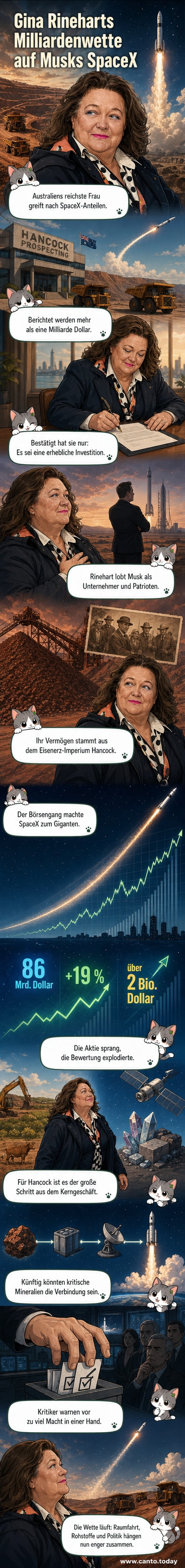 Illustration von Gina Rinehart und Elon Musk vor einer Rakete mit dem SpaceX-Logo, umgeben von Dollar-Symbolen und Mineralien-Icons.