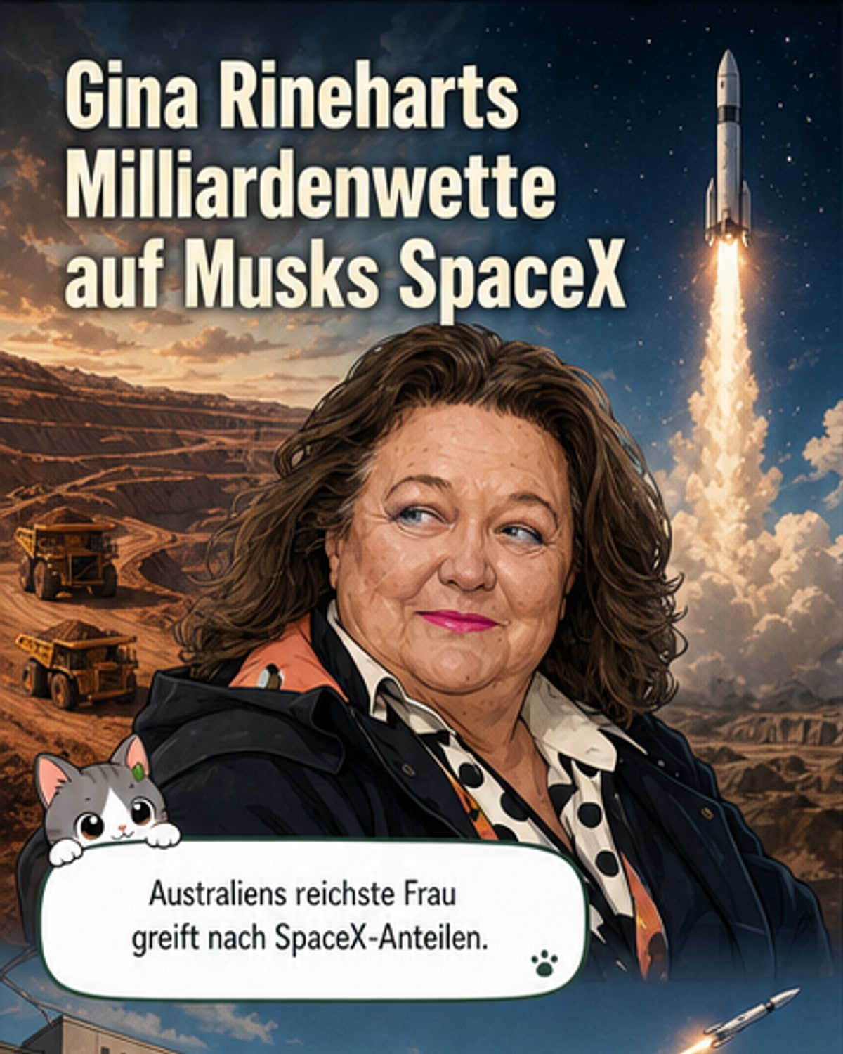 Illustration von Gina Rinehart und Elon Musk vor einer Rakete mit dem SpaceX-Logo, umgeben von Dollar-Symbolen und Mineralien-Icons.