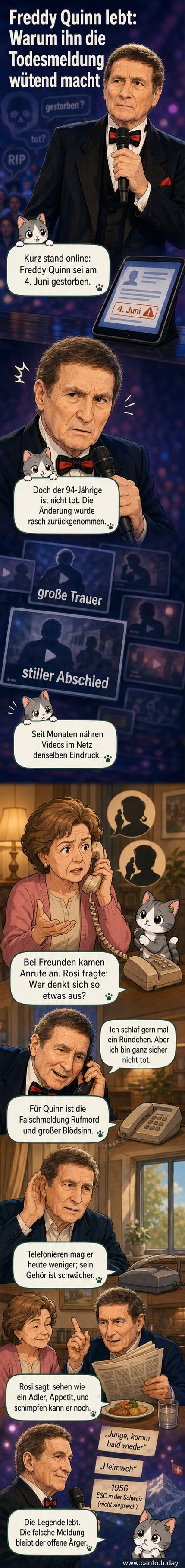 Ein lächelnder Freddy Quinn vor einem Mikrofon, daneben ein Laptop mit der falschen Wikipedia-Meldung über seinen Tod.
