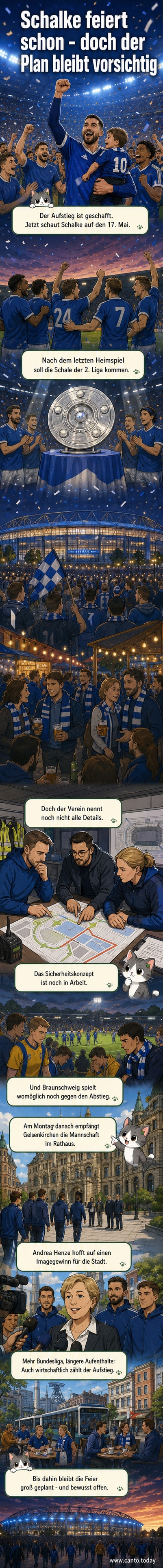 Fußballfans feiern vor der Veltins-Arena, Pyrotechnik leuchtet am Abendhimmel, Schalke 04-Fahnen wehen – Jubel zum Aufstieg in die Bundesliga.