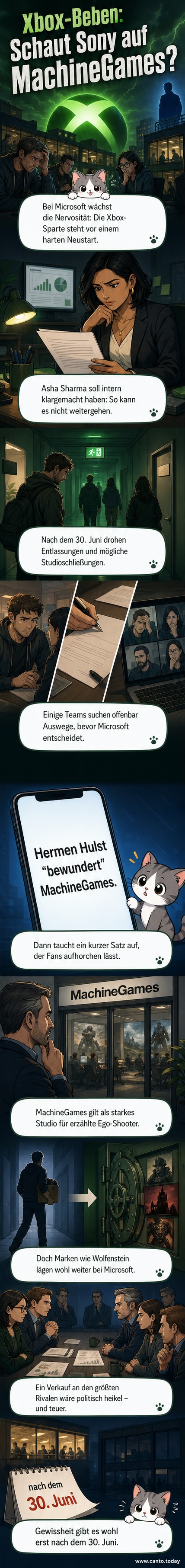 Illustration: Zwei Konzernlogos – Xbox und PlayStation – im Wettkampf, während ein Studio-Gebäude mit dem Namen 'MachineGames' im Fokus steht.