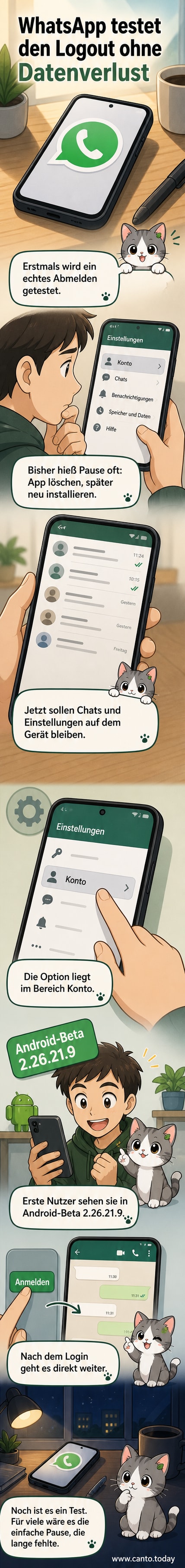 Ein Smartphone mit WhatsApp-Logo zeigt die neue Logout-Option im Einstellungsmenü, daneben ein zweites Gerät, das sich sicher verbindet.