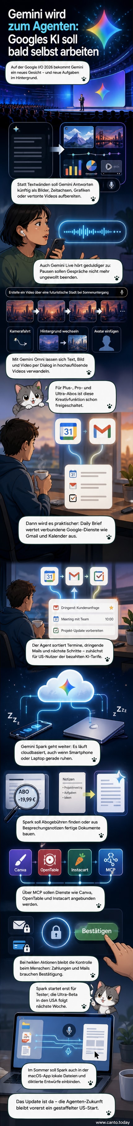Künstlerische Darstellung von Google Gemini mit neuem Design und autonomen Agenten, die auf einem Smartphone und Laptop interagieren.