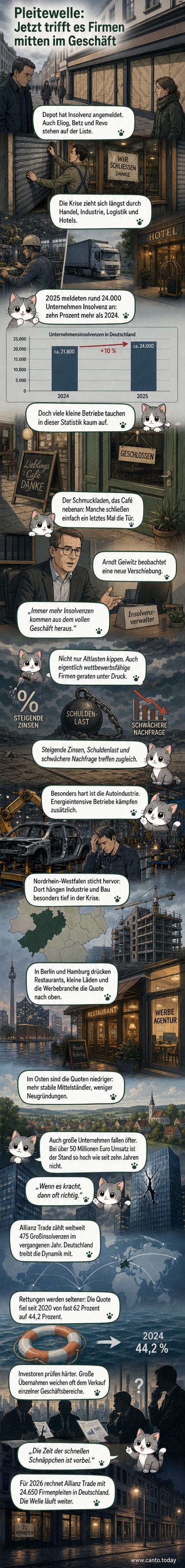 Illustration einer wirtschaftlichen Welle, die kleine und große Unternehmen in Deutschland unter sich begräbt, mit Hintergrund von Fabriken, Läden und Wolkenkratzern.