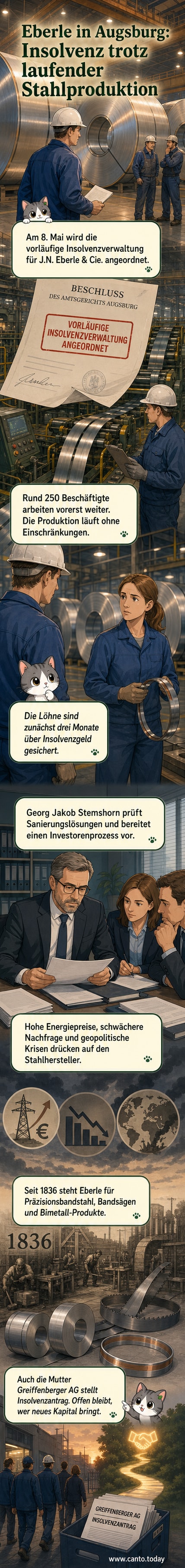 Ein historisches Stahlwerk in Augsburg steht unter Insolvenzverwaltung, während Mitarbeiter weiterarbeiten.