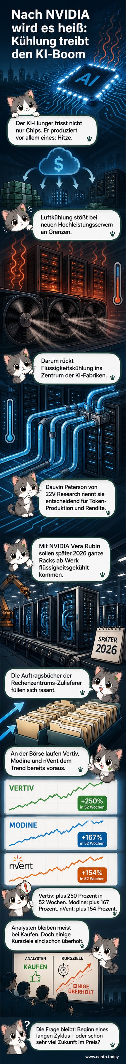 Drei Unternehmen mit Logos für Kühlung und Energie liegen vor einem glühend heißen KI-Chip, während der Hintergrund in blauen und roten Datenströmen pulsiert.