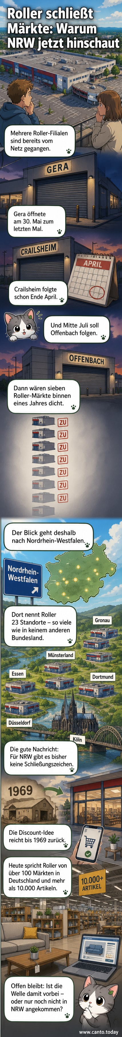 Ein Roller-Möbelmarkt in Essen, umgeben von Parkplätzen und grüner Umgebung, mit großem Schild und Einkaufswagen vor dem Eingang.