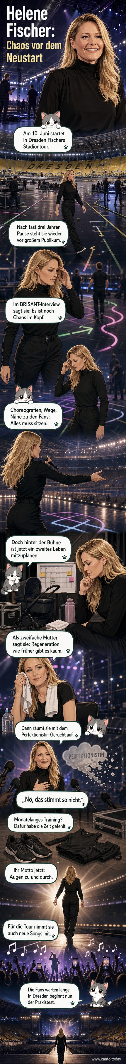 Helene Fischer auf der Bühne, strahlend im Scheinwerferlicht, während Techniker im Hintergrund die letzten Vorbereitungen für die Tour treffen.