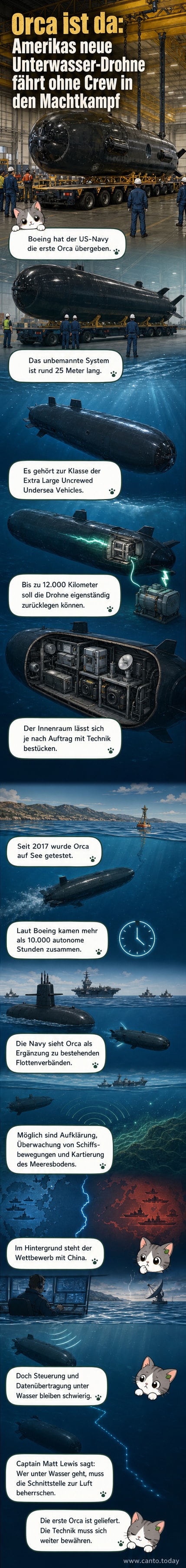 Illustration einer 25 Meter langen, torpedoförmigen unbemannten Drohne namens Orca, die unter der Wasseroberfläche neben einem US-amerikanischen U-Boot fährt, mit technischen Details wie Antrieb und Sensorik eingeblendet.