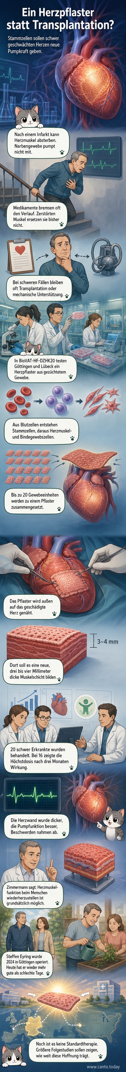 Ein künstlich gezüchtetes Herzpflaster aus Stammzellen wird auf das geschädigte Herzgewebe genäht, um die Pumpfunktion zu verbessern.