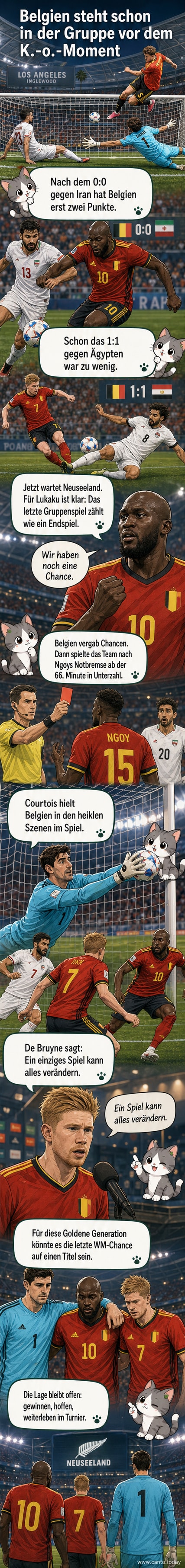 Belgische Spieler nach dem 0:0 gegen Iran enttäuscht auf dem Platz, im Hintergrund Zuschauer und das Stadion in Inglewood.