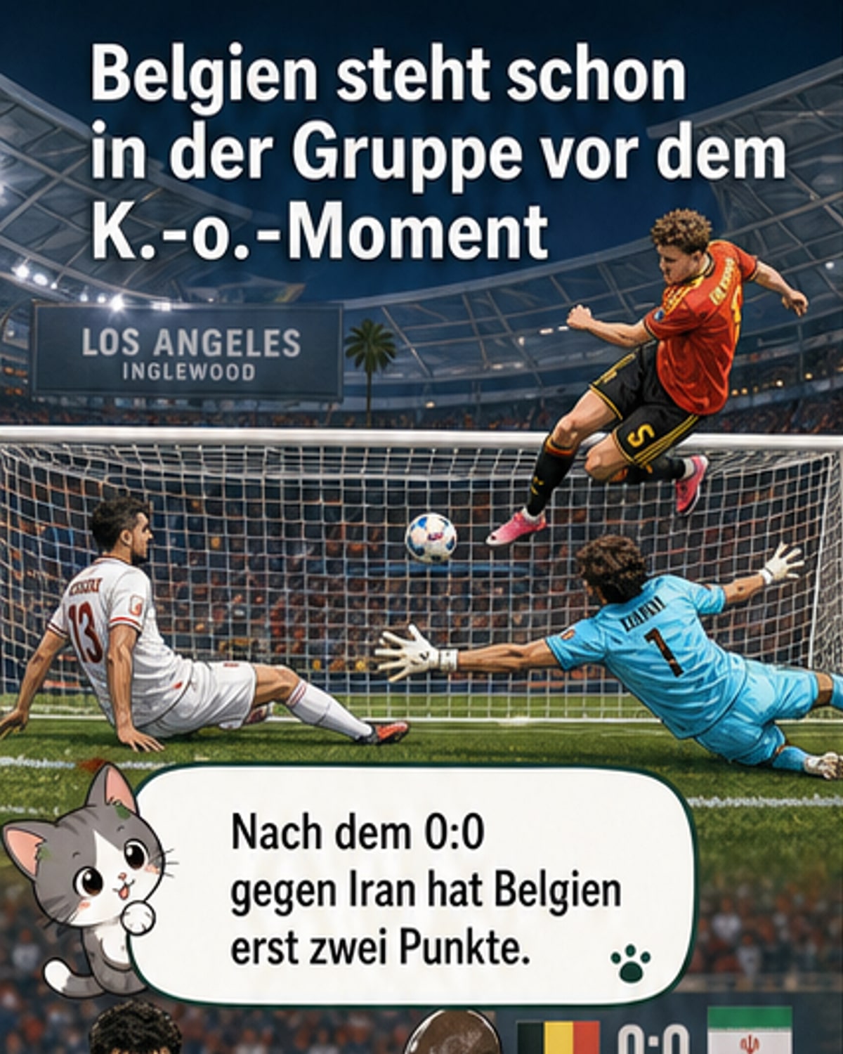 Belgische Spieler nach dem 0:0 gegen Iran enttäuscht auf dem Platz, im Hintergrund Zuschauer und das Stadion in Inglewood.