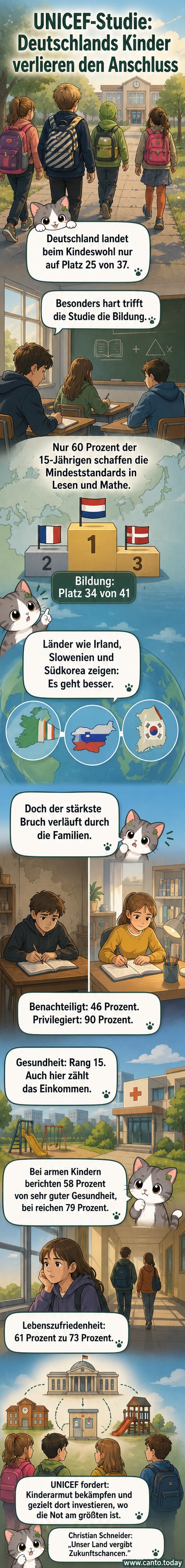 Illustration eines deutschen Schulkindes am Pult, umgeben von internationalen Vergleichsdaten zu Bildung, Gesundheit und Wohlbefinden, mit UNICEF-Studien-Ergebnissen im Hintergrund.