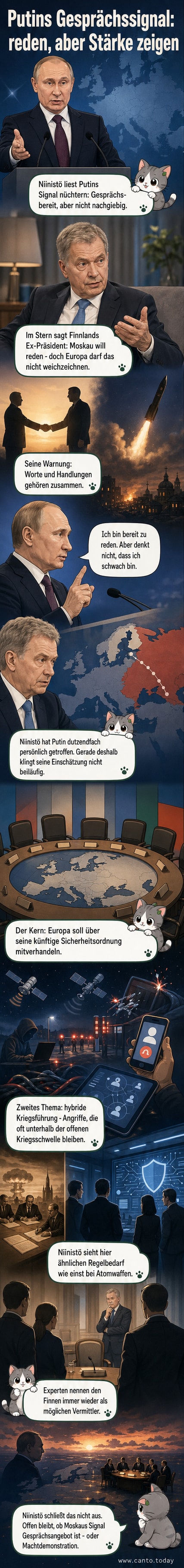Illustration von Sauli Niinistö und Wladimir Putin, die sich über einen Tisch beugen, während im Hintergrund eine Rakete startet und eine Ukraine-Karte mit Konfliktzonen zu sehen ist.