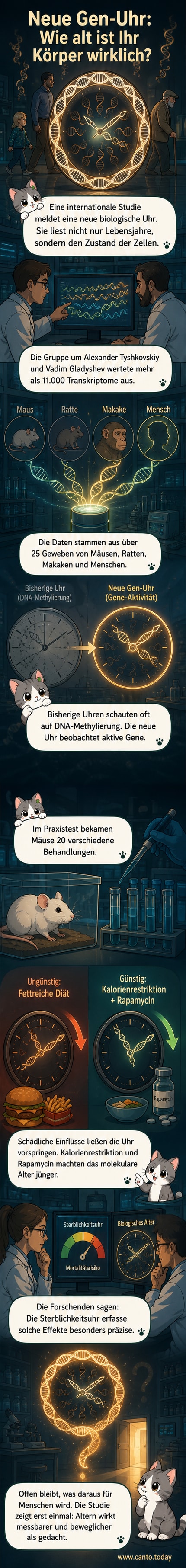 Illustration einer DNA-Spirale mit Uhrzeigern, die durch Zellen wandert und das biologische Alter anzeigt