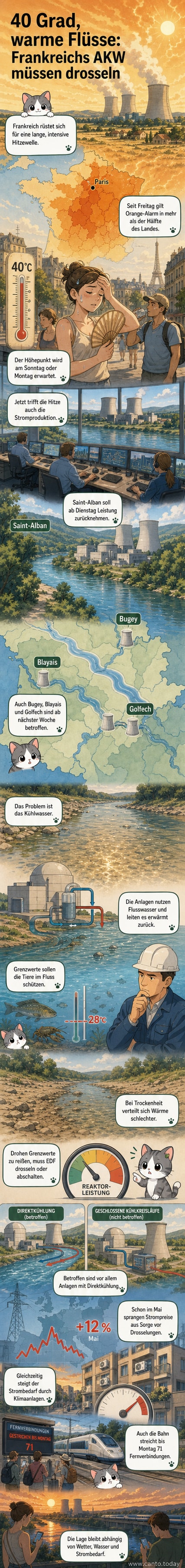 Illustration eines Atomkraftwerks am Flussufer, während die Temperaturanzeige in den roten Bereich steigt und ein Warnsymbol für Umweltauflagen erscheint.