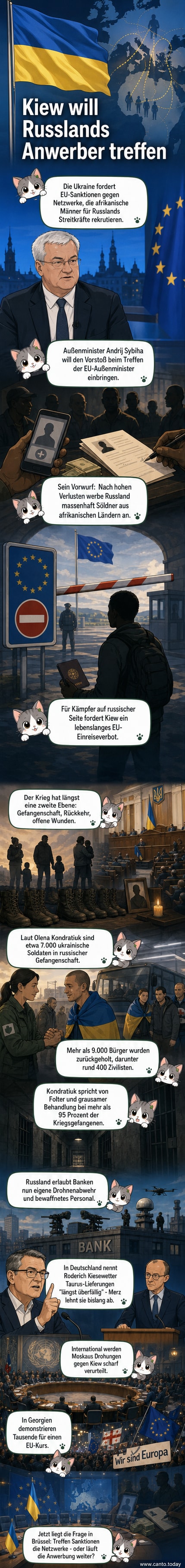 Illustration einer internationalen Konferenz mit EU-Flagge, während eine Person afrikanische Rekruten in russische Uniformen steckt; daneben steht ein ukrainischer Beamter mit Sanktionsliste.