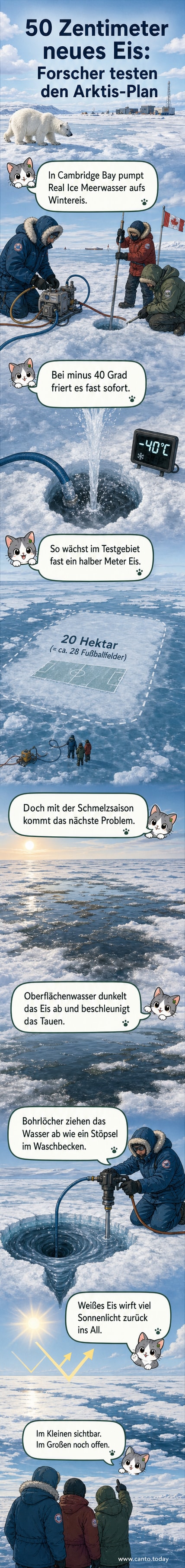 Wissenschaftler in der Arktis bohren Löcher in das Eis und pumpen Wasser an die Oberfläche, wo es zu neuem Eis gefriert.