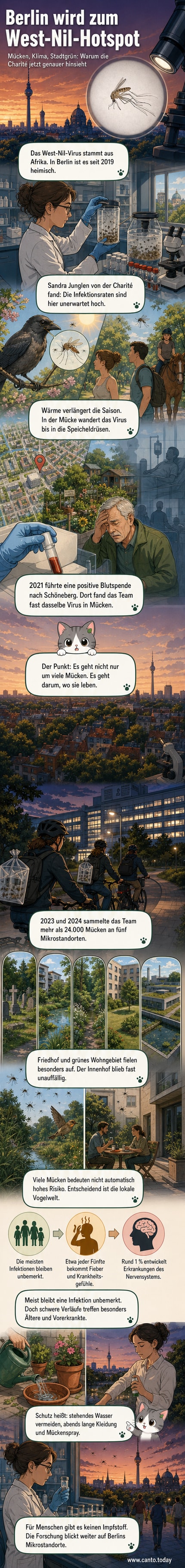 Illustration einer Stechmücke über einer Karte von Berlin, mit Viruspartikeln und Symbolen für Vögel, Grünflächen und städtische Infrastruktur.