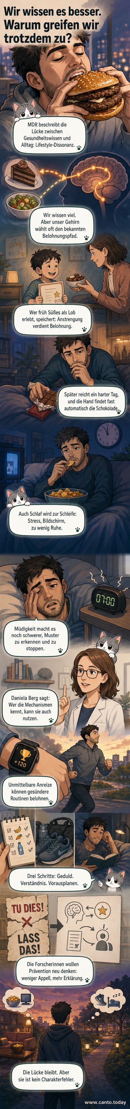 Eine Person sitzt abends müde auf dem Sofa, hält eine Chipstüte in der Hand, während ein inneres Gedankenbild eine gesunde Lebensweise zeigt, die ignoriert wird.