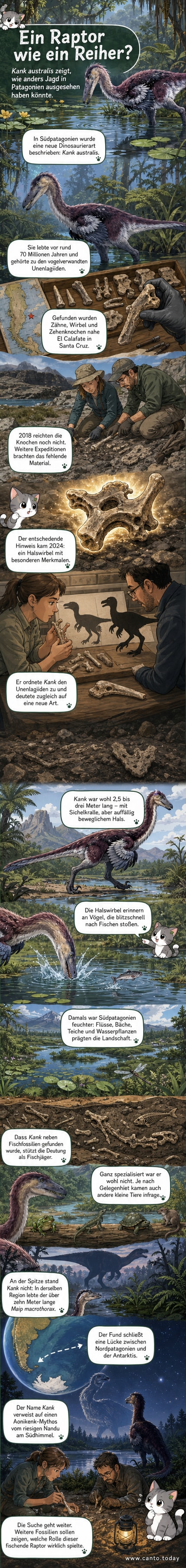 Künstlerische Darstellung des neu entdeckten Dinosauriers Kank australis, der an einem Flussufer steht und den Hals gespannt nach vorne streckt, um Fische zu jagen.