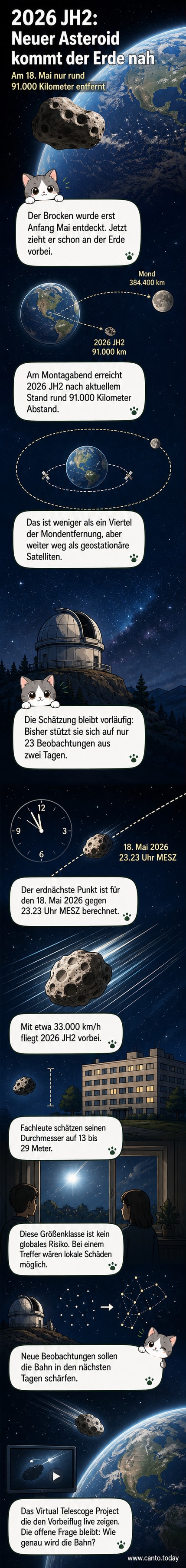 Illustration eines kleinen Asteroiden, der in der Nacht am blauen Planeten Erde vorbeizieht, mit Mond im Hintergrund und Daten zur Entfernung und Geschwindigkeit.