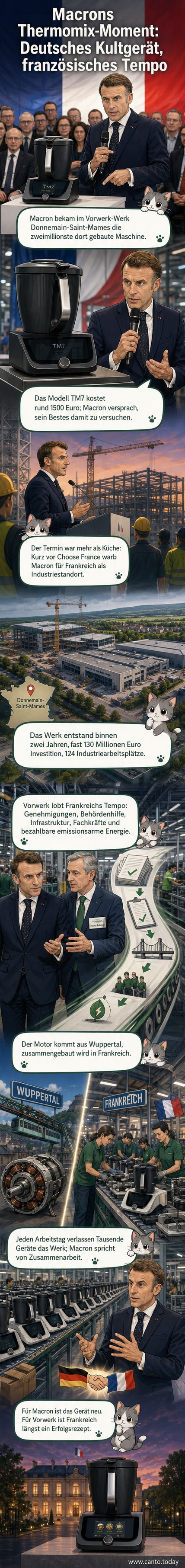 Frankreichs Präsident Emmanuel Macron steht neben einer Thermomix-Küchenmaschine während eines Besuchs im Vorwerk-Werk in Donnemain-Saint-Mamès.