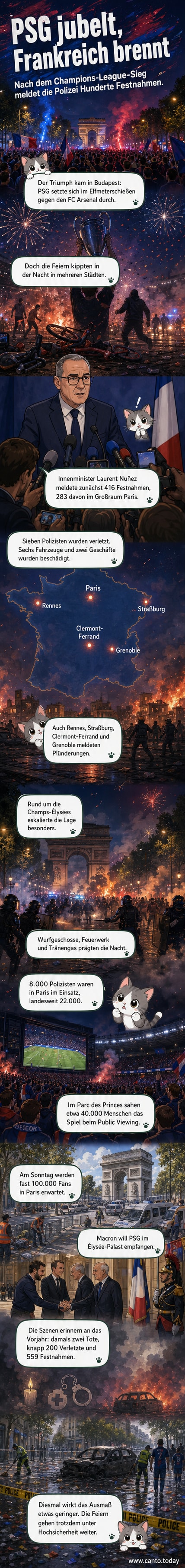 Polizisten in Paris stehen vor einer Menschenmenge, während im Hintergrund ein brennendes Auto zu sehen ist, nachdem PSG die Champions League gewonnen hat.