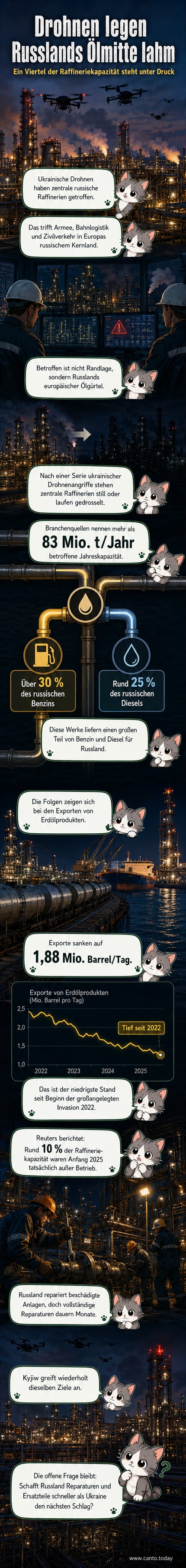 Karte von Zentralrussland mit Markierungen an betroffenen Raffinerien, darunter Kirowski- und Jischewski-Anlage, während eine Drohne im Hintergrund fliegt.