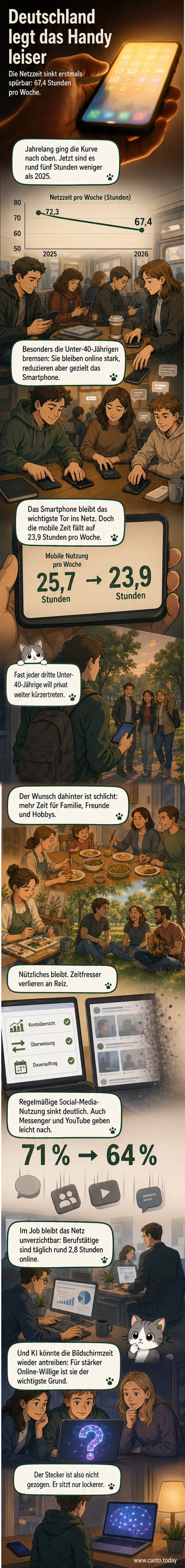 Illustration einer Person, die ihr Smartphone beiseitelegt, während im Hintergrund ein Ziffernblatt mit sinkender Zeitanzeige zu sehen ist.