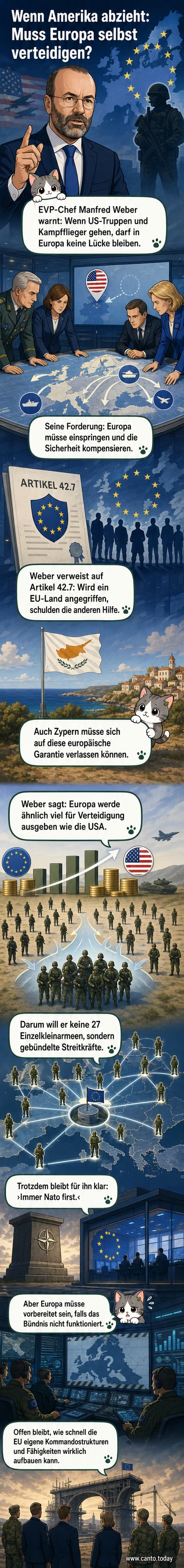 Illustration von Manfred Weber, der vor einer europäischen Flagge steht und auf eine militärische Karte zeigt, während US-Soldaten abrücken.