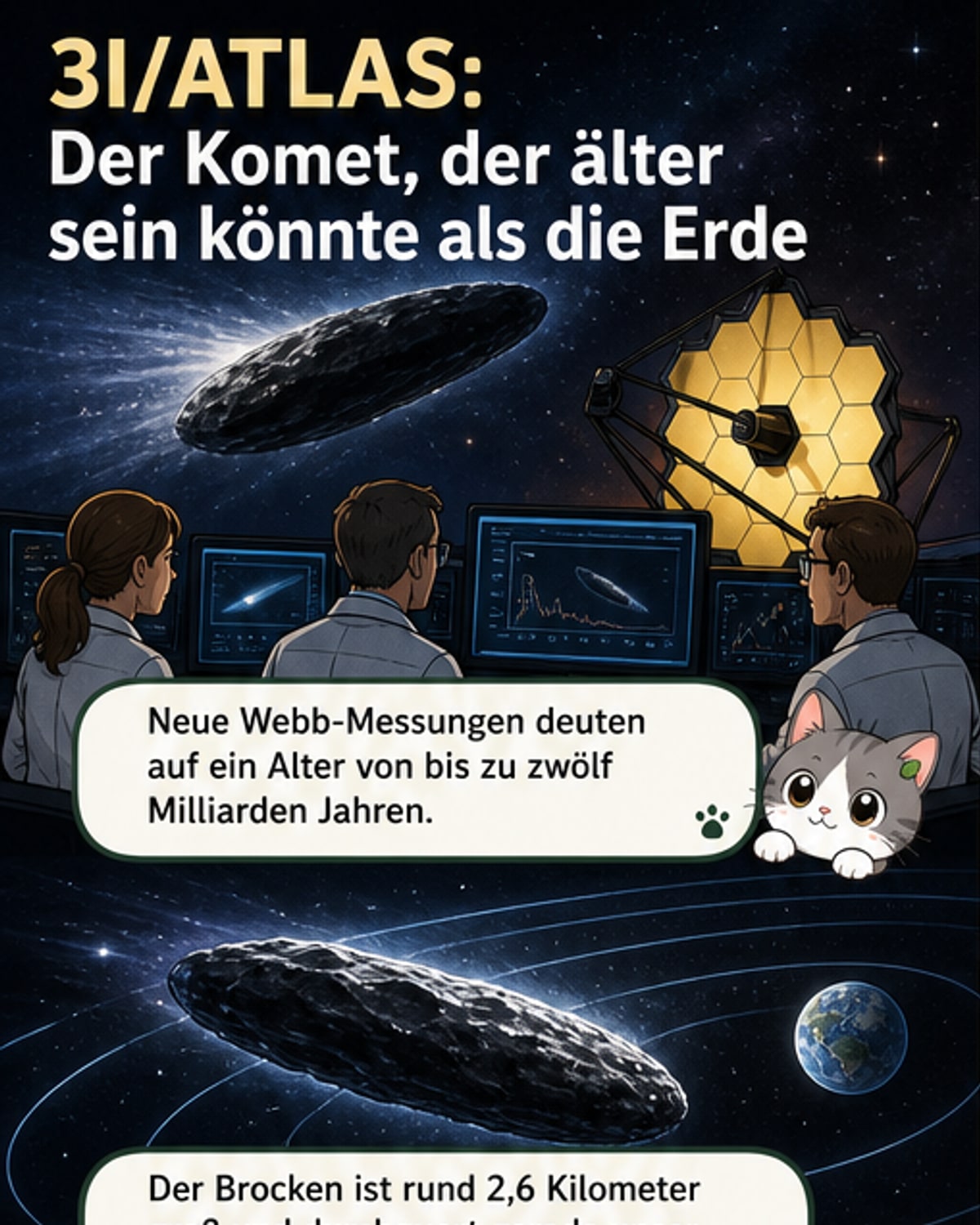 Illustration eines glühenden Kometen vor dunklem Weltraumhintergrund, mit eingeblendetem Text: '3I/ATLAS: bis zu 12 Mrd. Jahre alt?'
