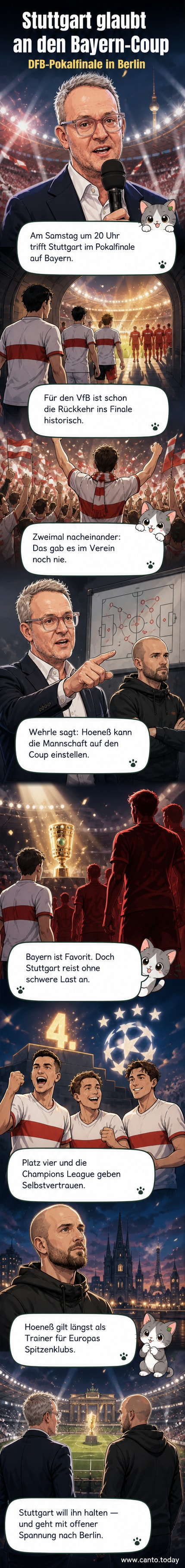 VfB Stuttgart-Team im Pokalfinale gegen FC Bayern, mit Trainer Sebastian Hoeneß und Vorstand Wehrle im Hintergrund