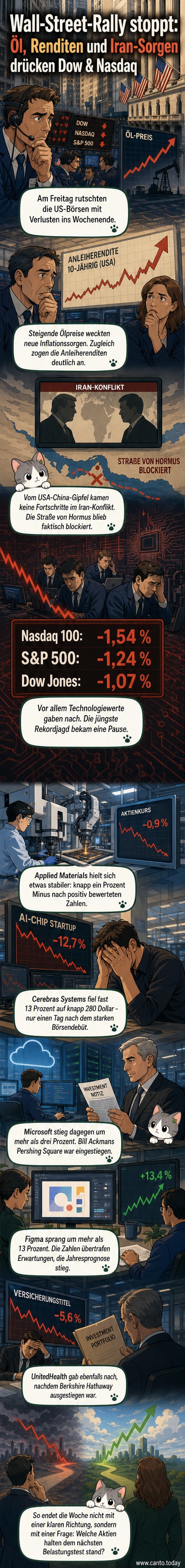 Illustration einer Börsentafel mit fallenden Nasdaq-Zahlen, daneben steigende Pfeile bei Microsoft und Figma – im Hintergrund die Skyline von New York.