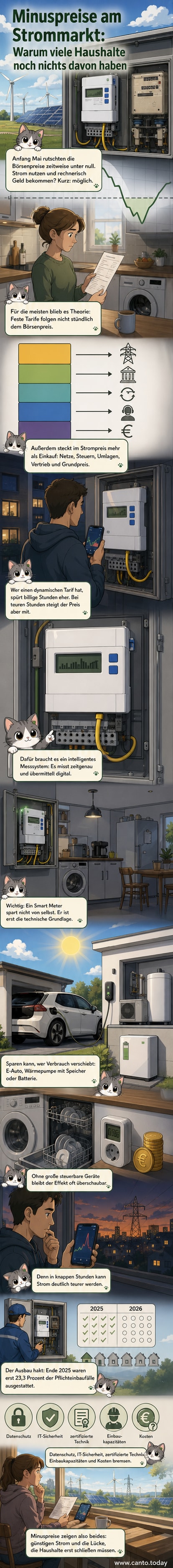 Eine moderne Haushaltsszene mit Smart Meter, Solarpanelen auf dem Dach und einem E-Auto an der Wallbox – im Hintergrund zeigt ein Display negative Strompreise.
