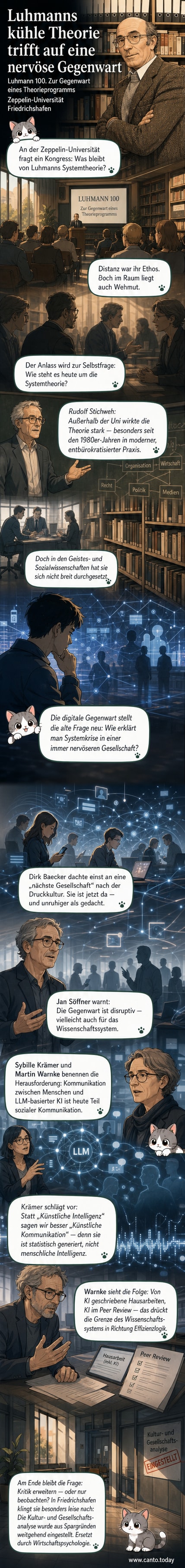 Zeichnung eines abstrakten, verzweigten Netzwerks mit Etiketten wie 'Wissenschaft', 'Politik', 'Wirtschaft' und 'KI', das sich an einigen Stellen auflöst – symbolisch für die Krise funktionaler Differenzierung.