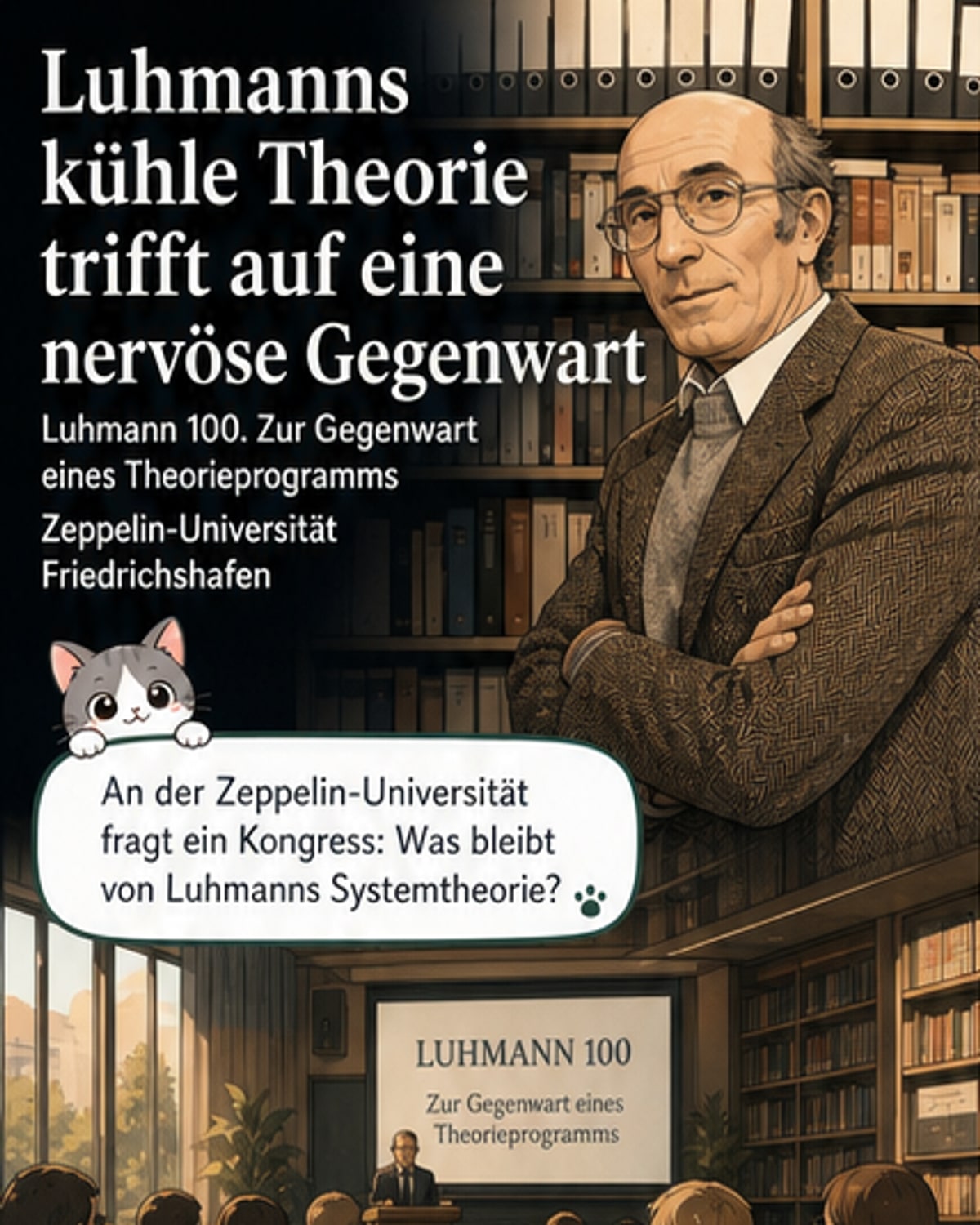 Zeichnung eines abstrakten, verzweigten Netzwerks mit Etiketten wie 'Wissenschaft', 'Politik', 'Wirtschaft' und 'KI', das sich an einigen Stellen auflöst – symbolisch für die Krise funktionaler Differenzierung.