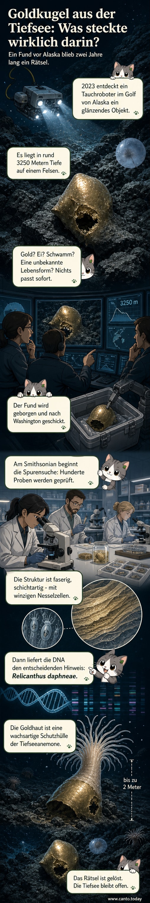 Künstlerische Darstellung einer golden schimmernden Anemone auf dunklem Meeresboden in der Tiefsee, umgeben von Felsformationen und schwachem Lichtschein eines Tauchroboters.