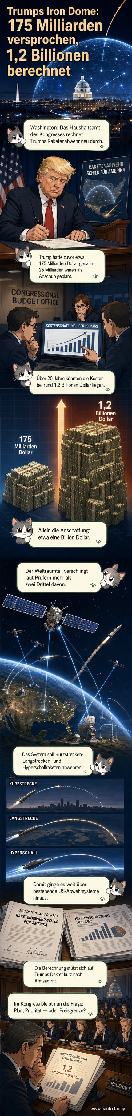 Illustration eines satellitengestützten Raketenabwehrsystems über der Erde, mit explodierenden Kosten in Billionenhöhe.