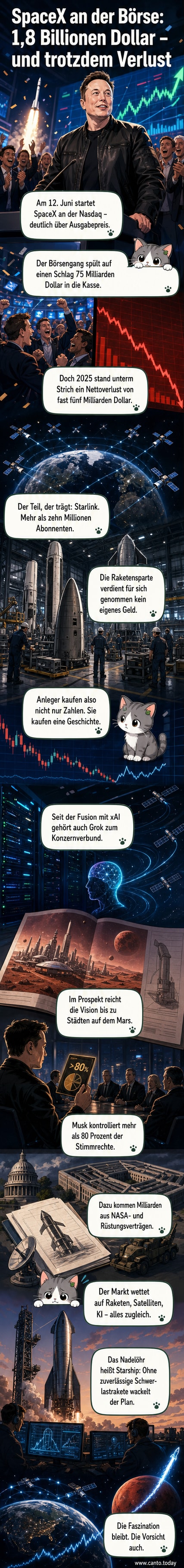 Illustration von SpaceX-Raketen, Satelliten und dem Mars, umgeben von Finanzdaten und Nasdaq-Logo.