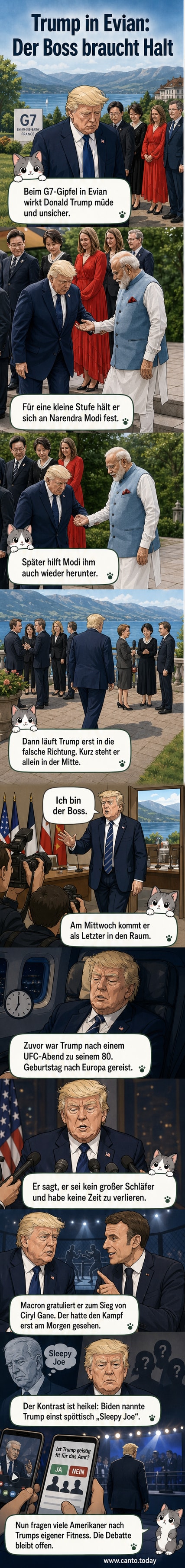 US-Präsident Donald Trump stützt sich auf Indiens Premierminister Narendra Modi, während andere G7-Führungsfiguren daneben stehen.