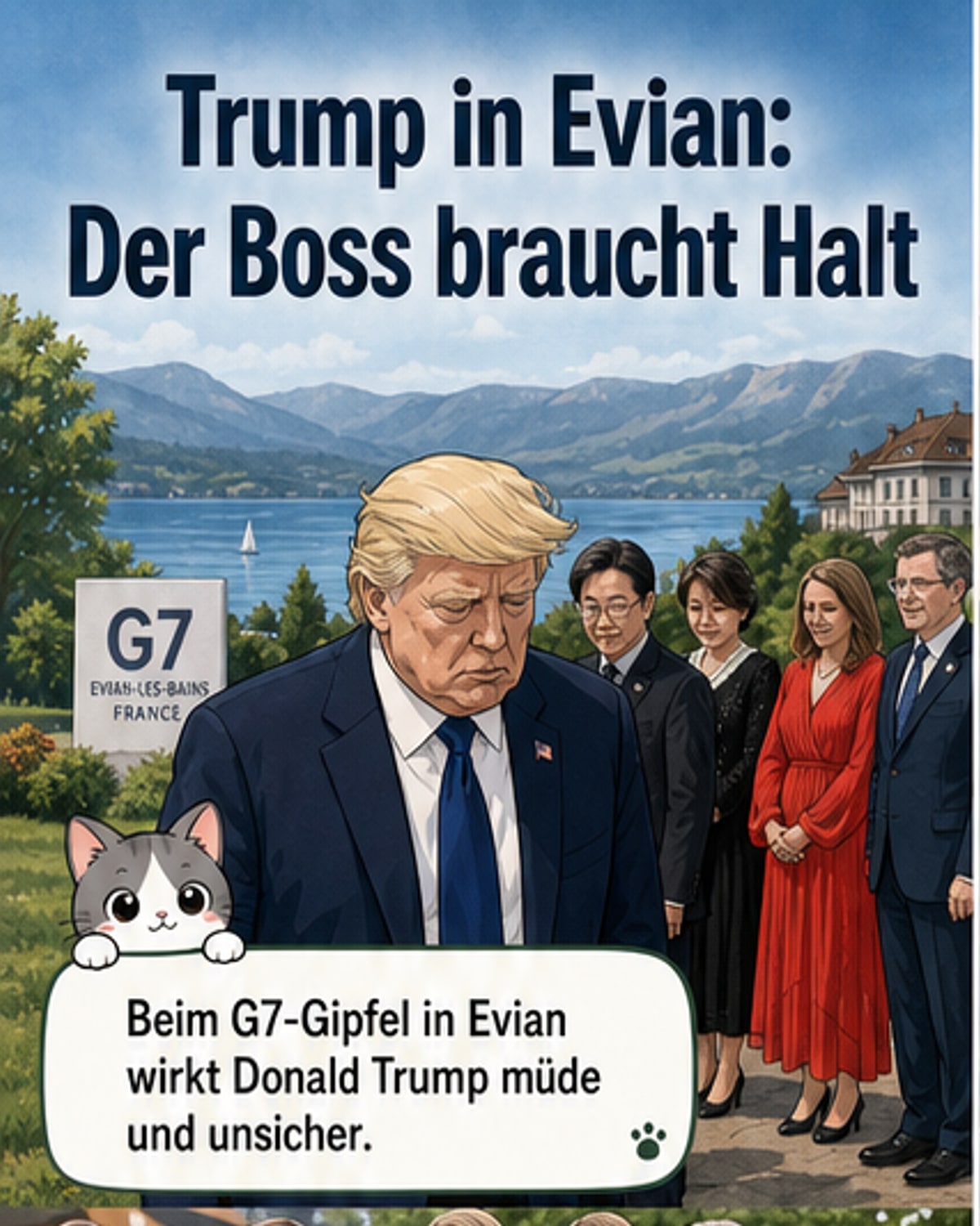 US-Präsident Donald Trump stützt sich auf Indiens Premierminister Narendra Modi, während andere G7-Führungsfiguren daneben stehen.